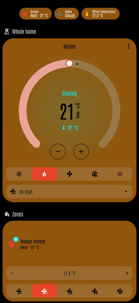 Home Assistant aircon lab dashboard running the LCARS theme (Lower Decks), on a phone