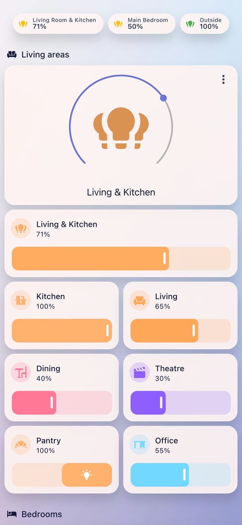 Home Assistant lights lab dashboard running the Frosted Glass theme (Lite light), on a phone