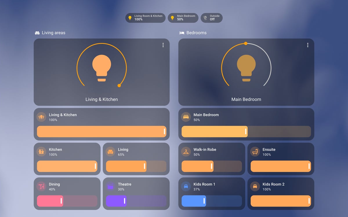 Home Assistant lights lab dashboard running the iOS Themes theme (Dark), on desktop