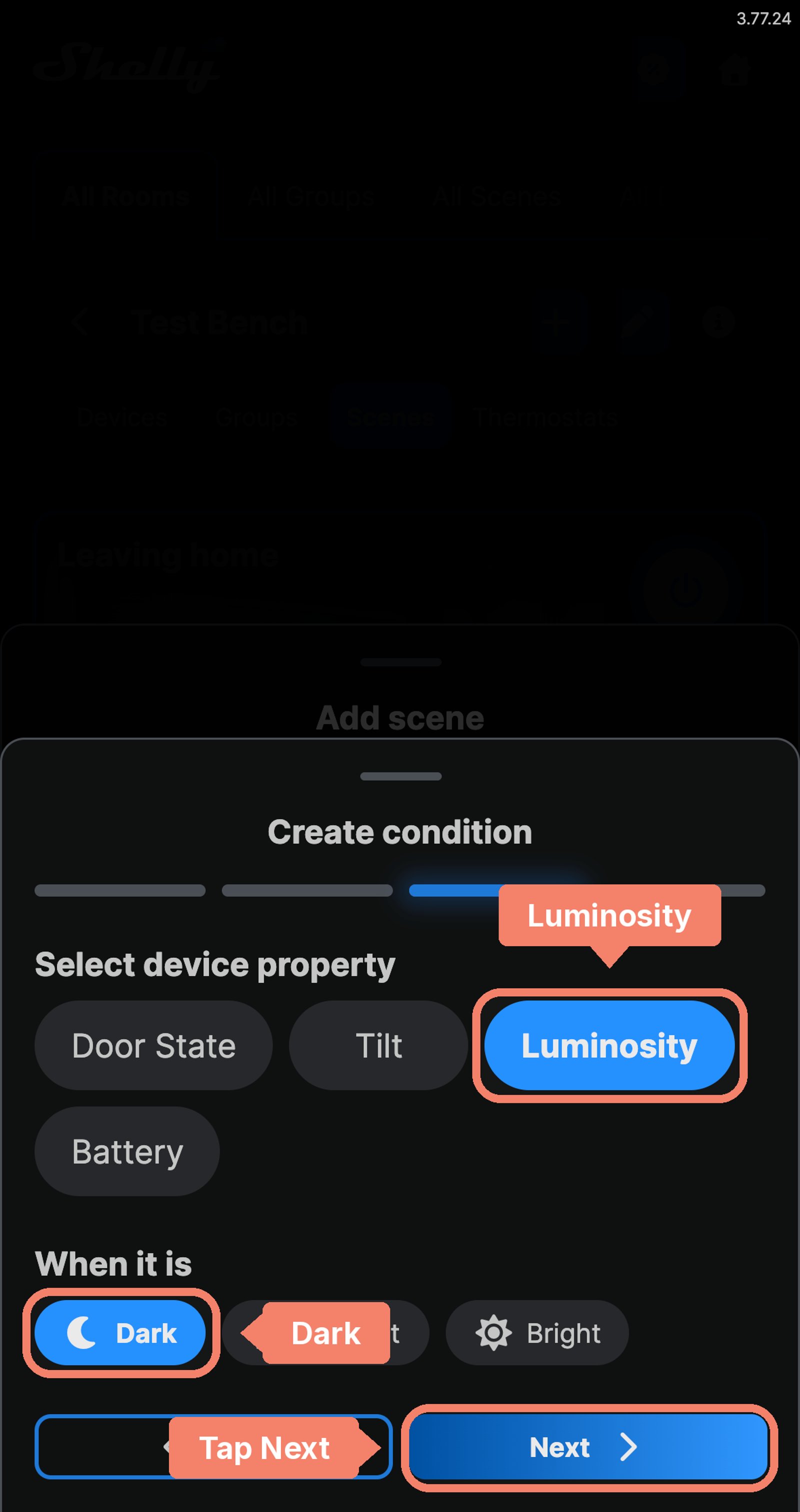 Shelly app Create condition step for the Front door sensor with Luminosity and Dark labelled, and Next marked.