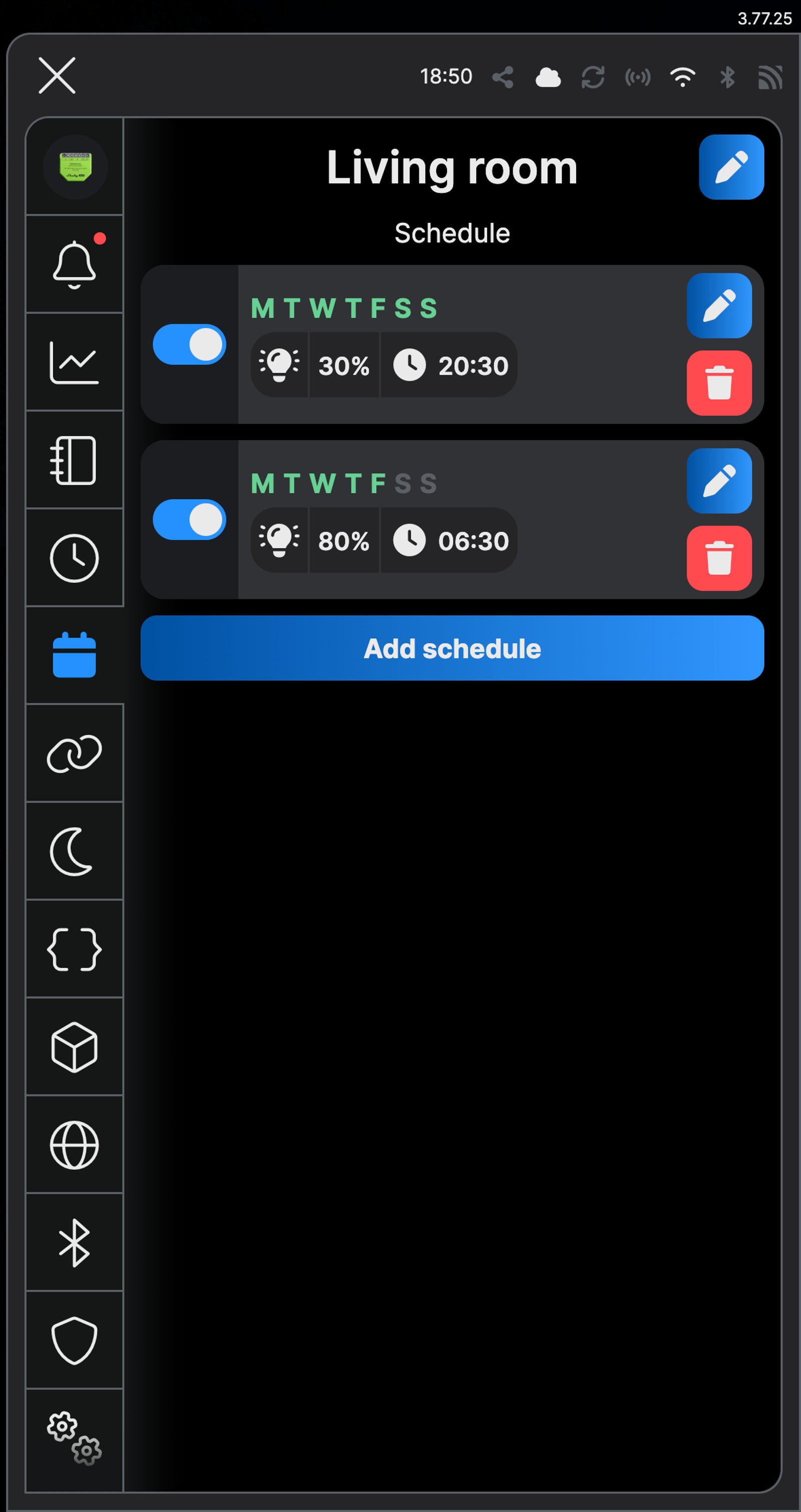 Shelly app Schedule screen for a Shelly Dimmer Gen4 named Living room: 30% at 20:30 every day, and 80% at 06:30 Monday to Friday.