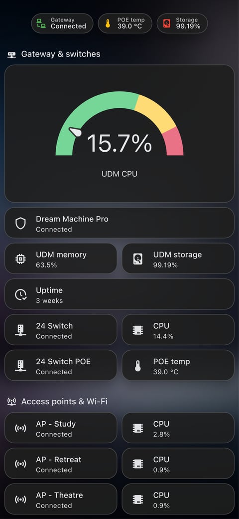 Home Assistant network lab dashboard running the Frosted Glass theme (Lite dark), on a phone