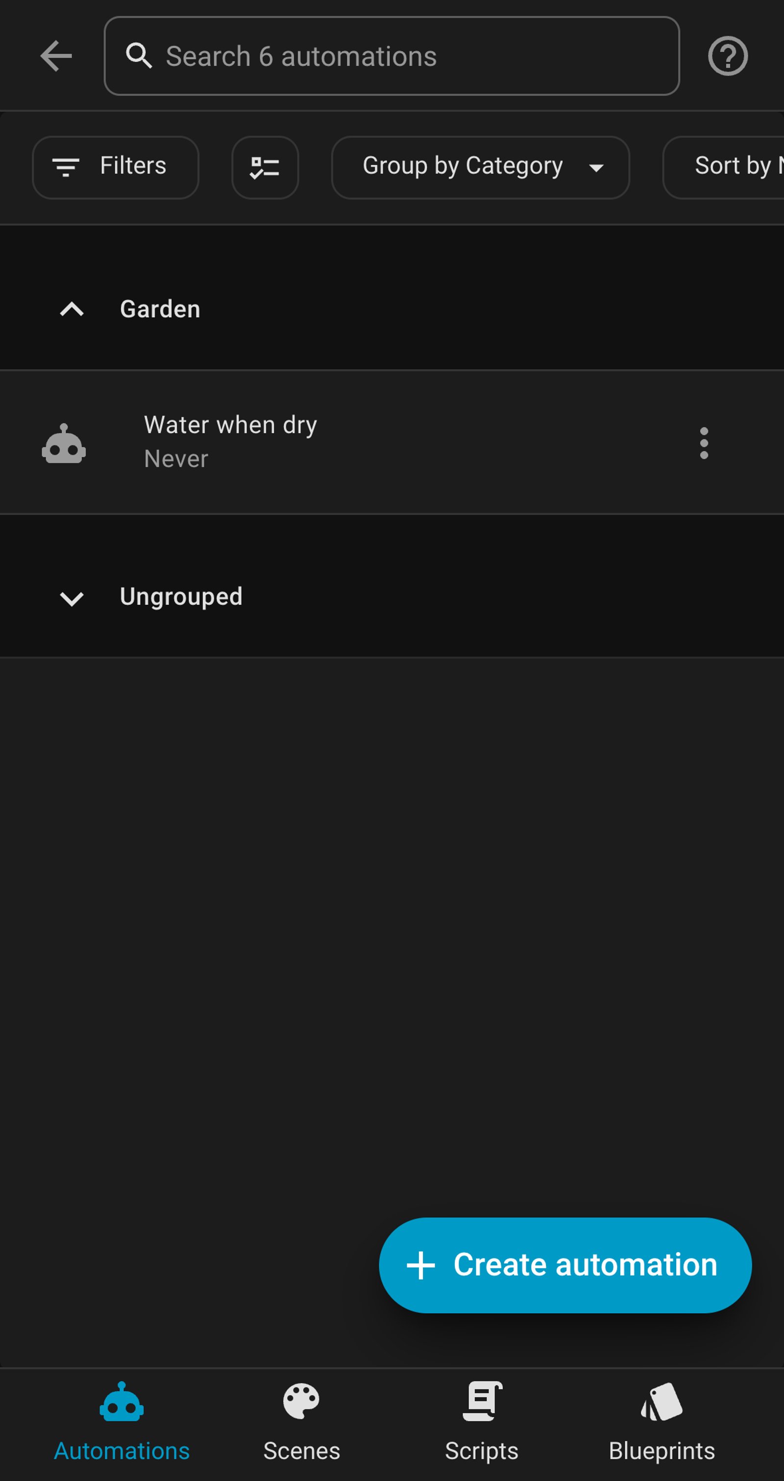 Home Assistant automations list showing Water when dry in a Garden group.