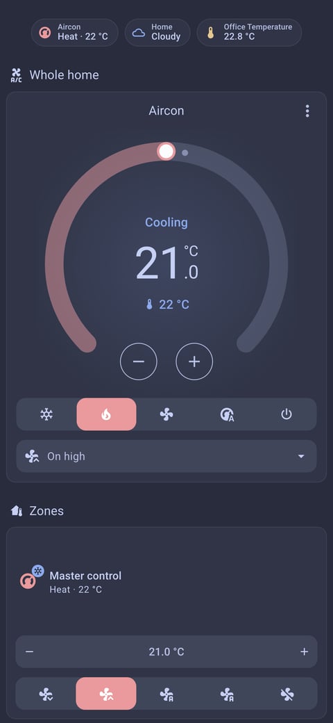 Home Assistant aircon lab dashboard running the Catppuccin theme (Frappe), on a phone