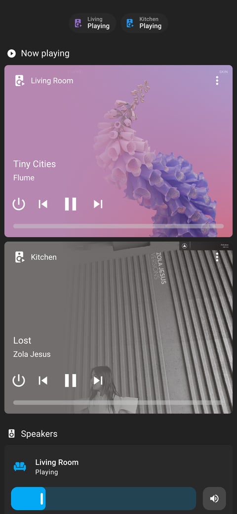 Home Assistant media lab dashboard running the Slate theme (Dark), on a phone