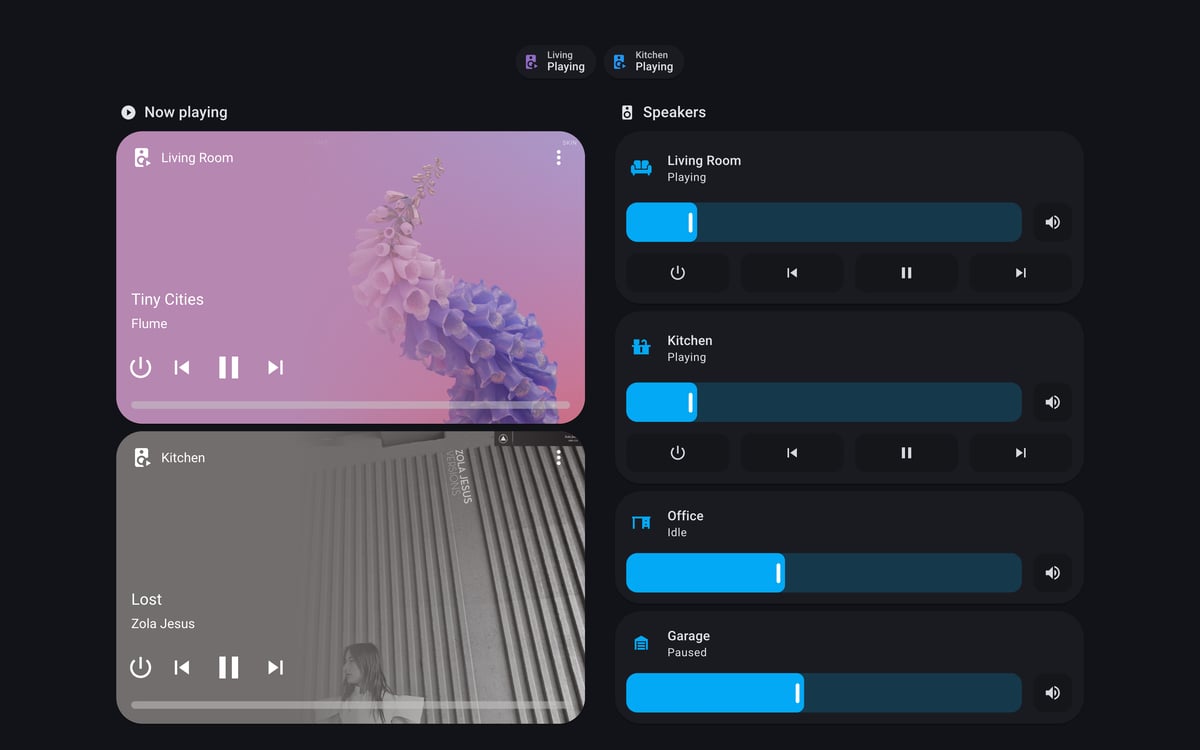 Home Assistant media lab dashboard running the Material You theme (Dark), on desktop