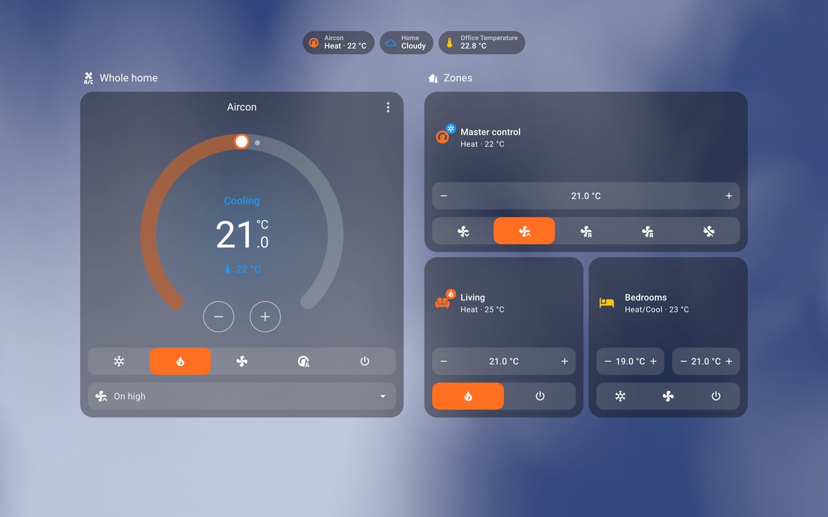 Home Assistant aircon lab dashboard running the iOS Themes theme (Dark), on desktop