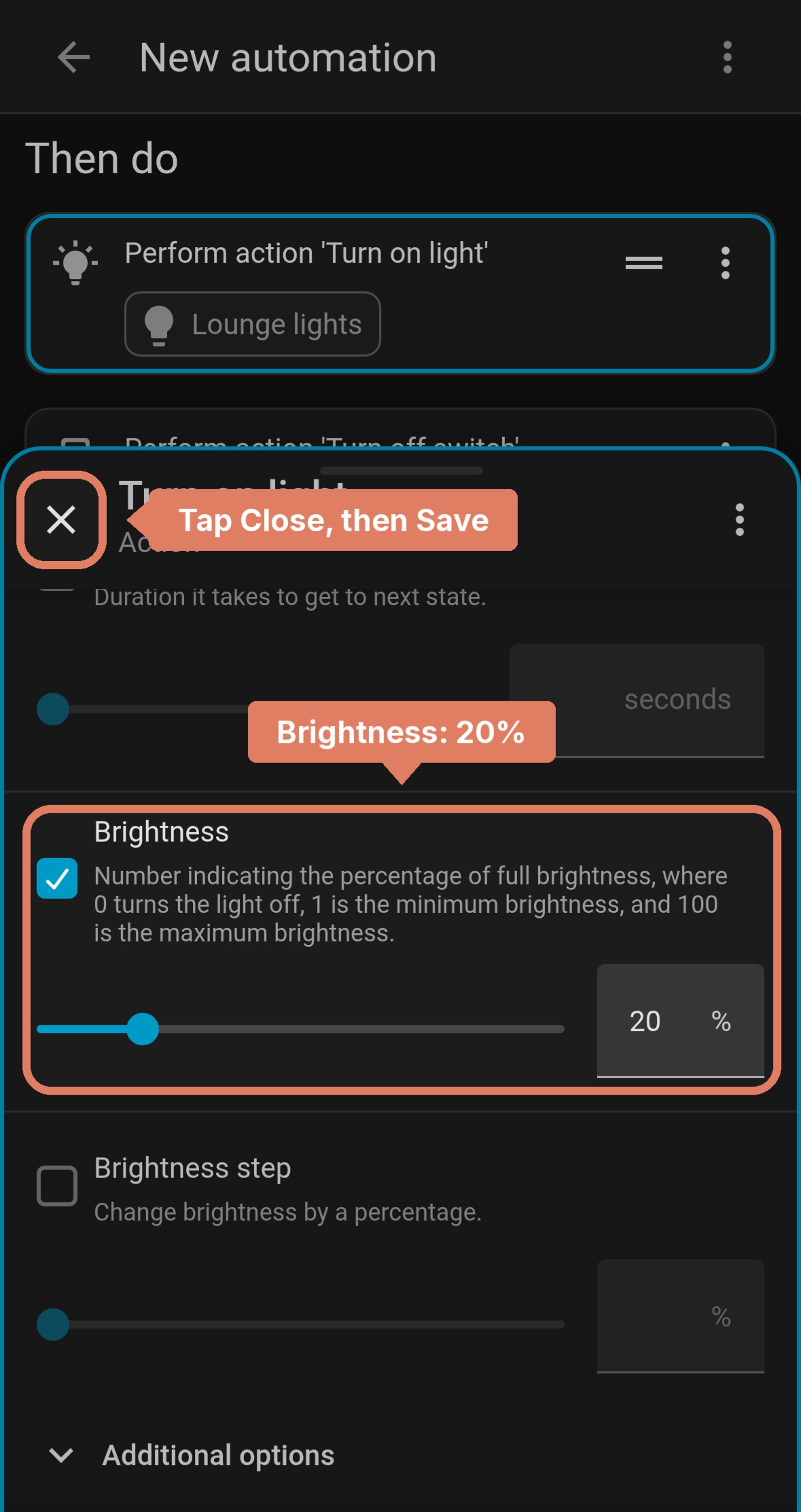 Home Assistant automation editor with the Turn on light action for Lounge lights open, Brightness ticked and set to 20%.