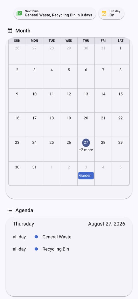 Home Assistant calendar lab dashboard running the Material You theme (Light), on a phone