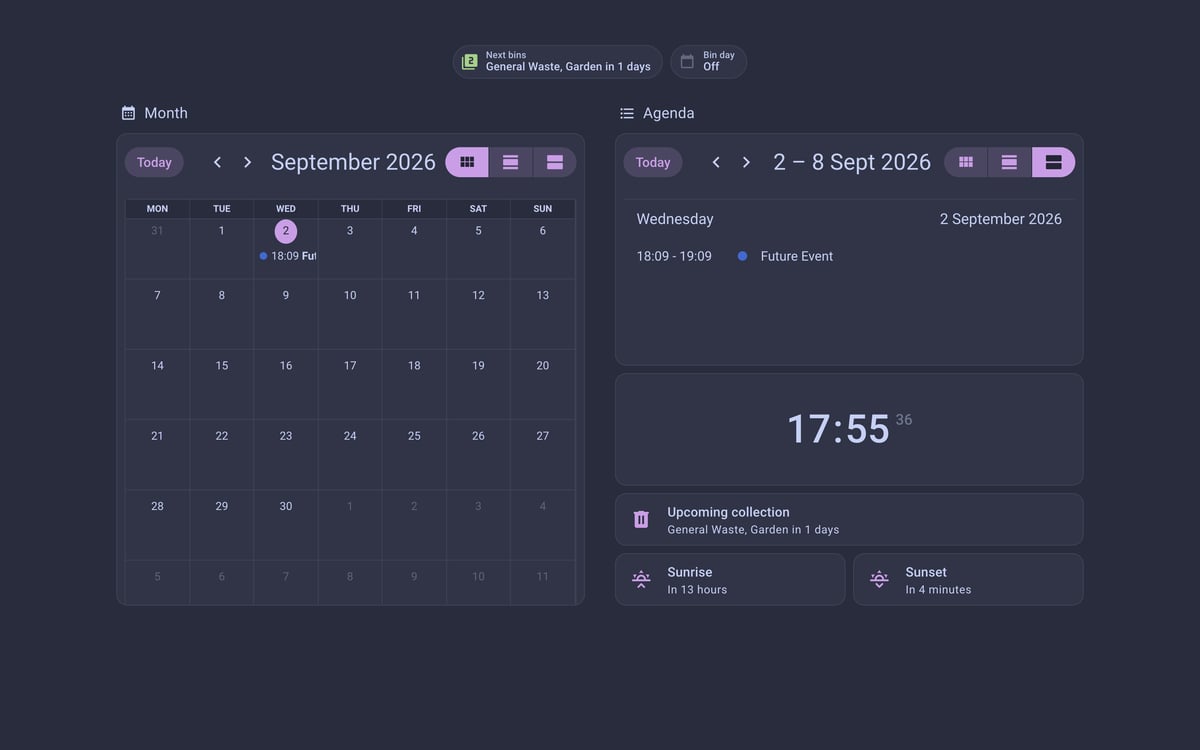 Home Assistant calendar lab dashboard running the Catppuccin theme (Frappe), on desktop