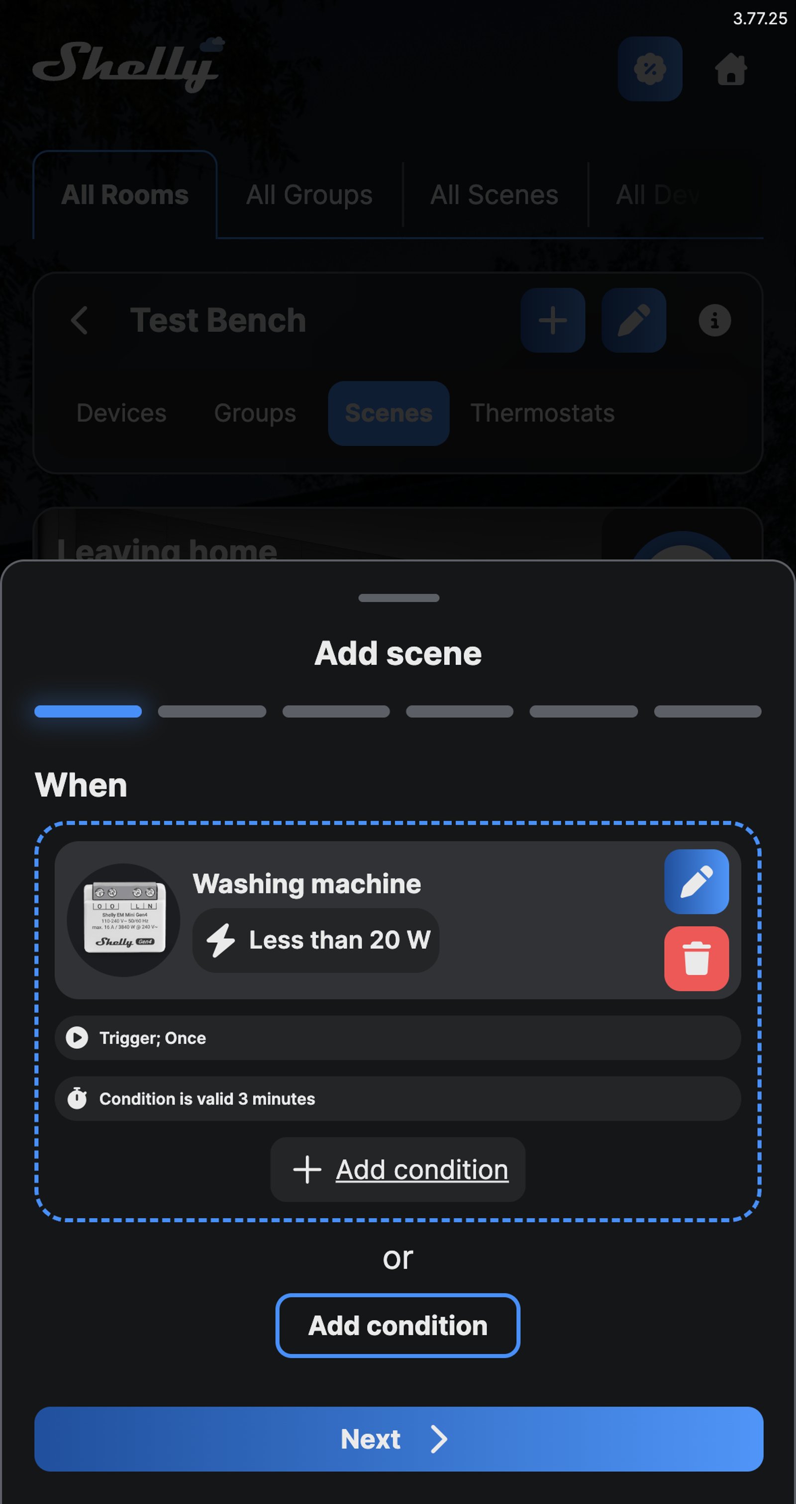 Shelly app scene condition for Washing machine: power less than 20 W, Trigger once, condition valid 3 minutes.