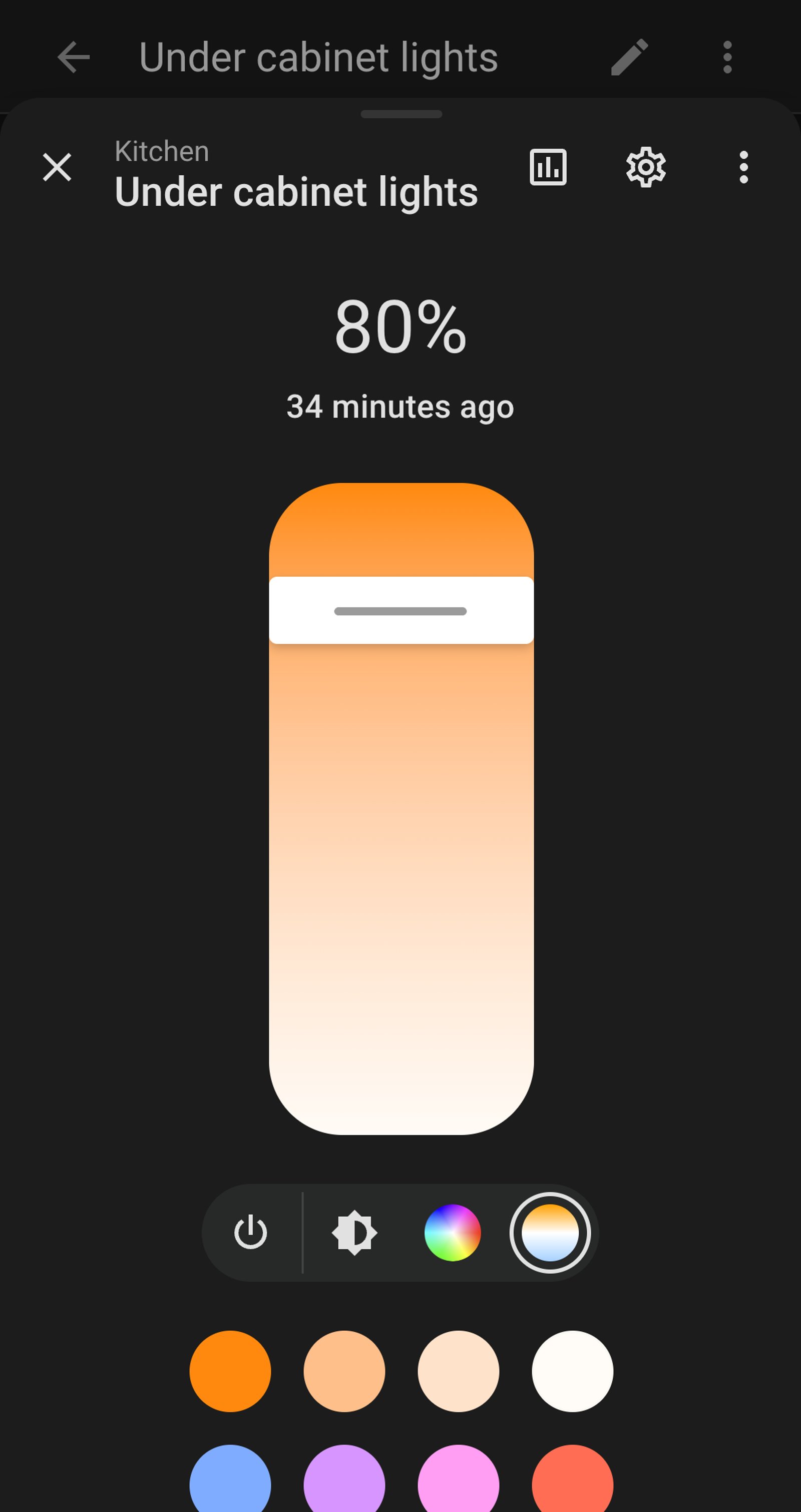 Home Assistant colour temperature control for Under cabinet lights, from warm to cool white.