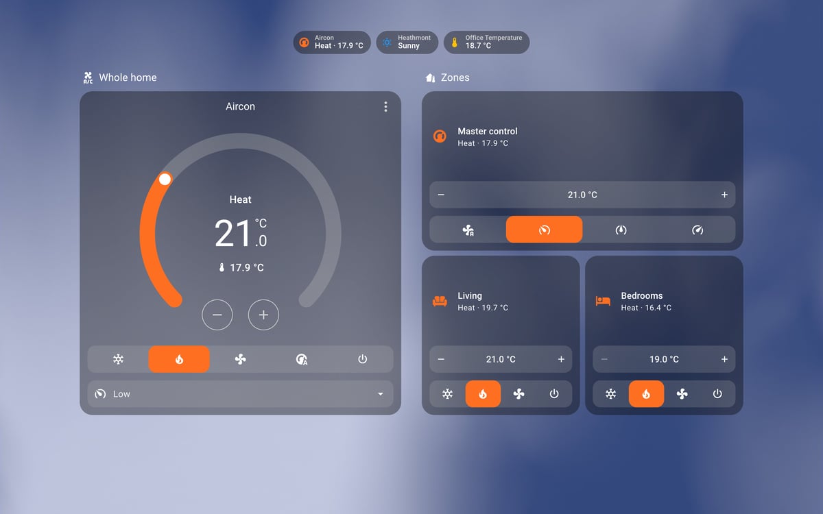 Home Assistant aircon lab dashboard running the iOS Themes theme (Dark), on desktop