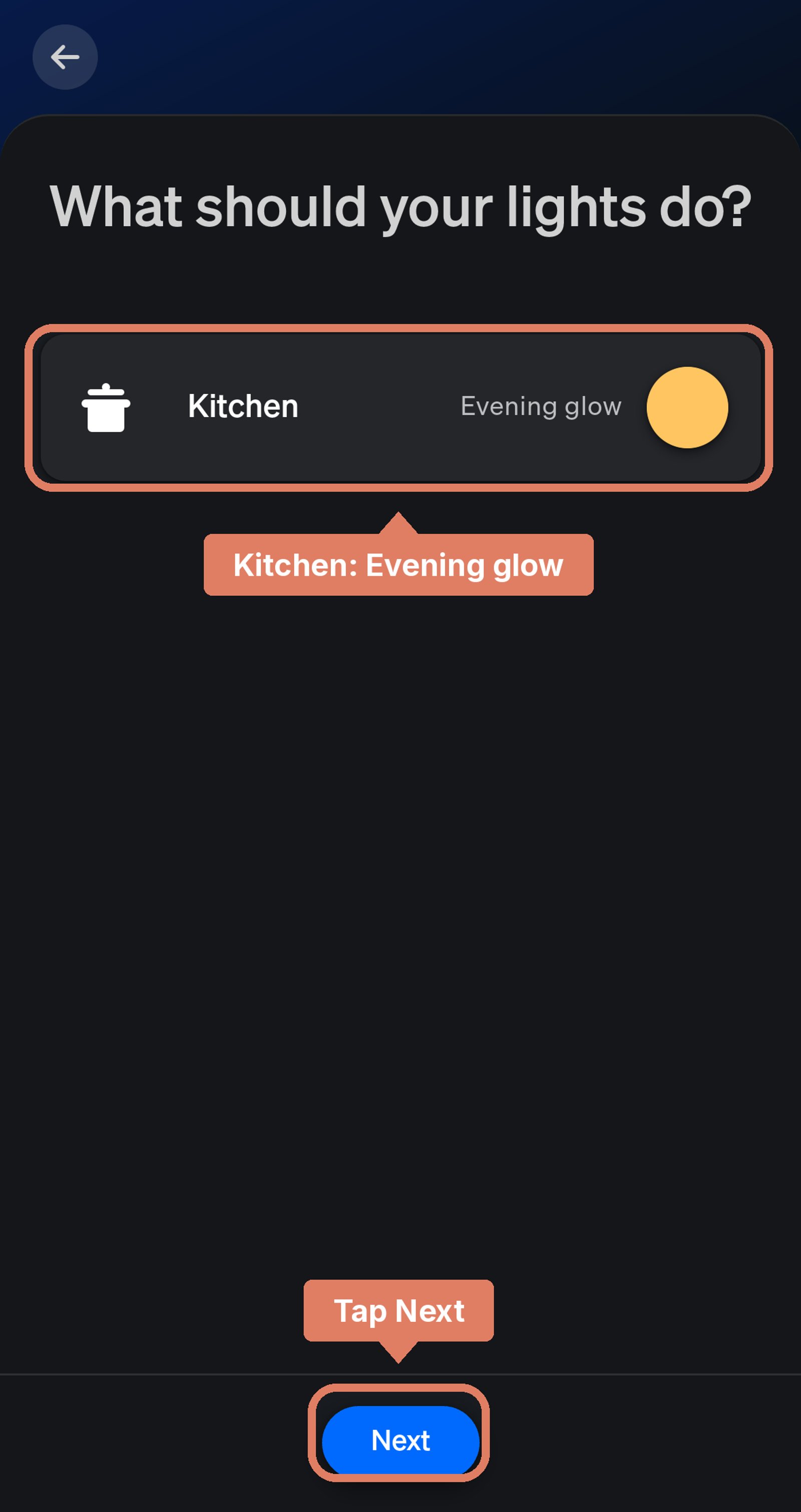 Philips Hue app screen asking what the lights should do, with Kitchen set to Evening glow labelled and Next marked.