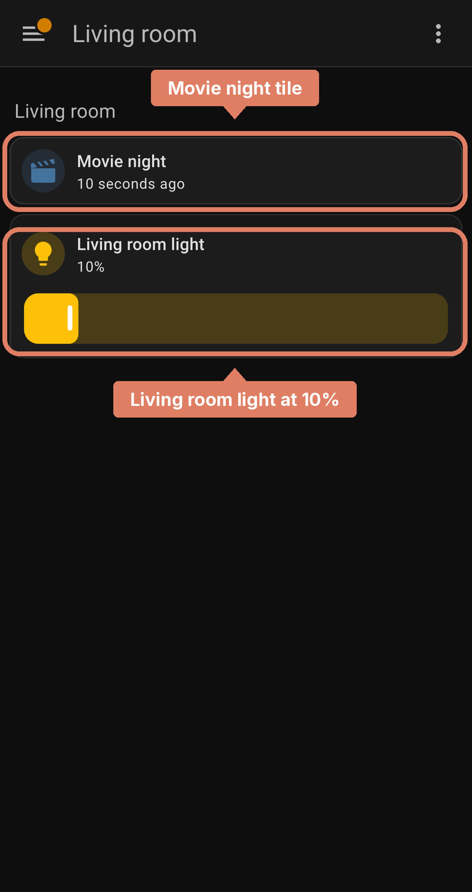 Home Assistant Living room dashboard with the Movie night tile and Living room light at 10% labelled.