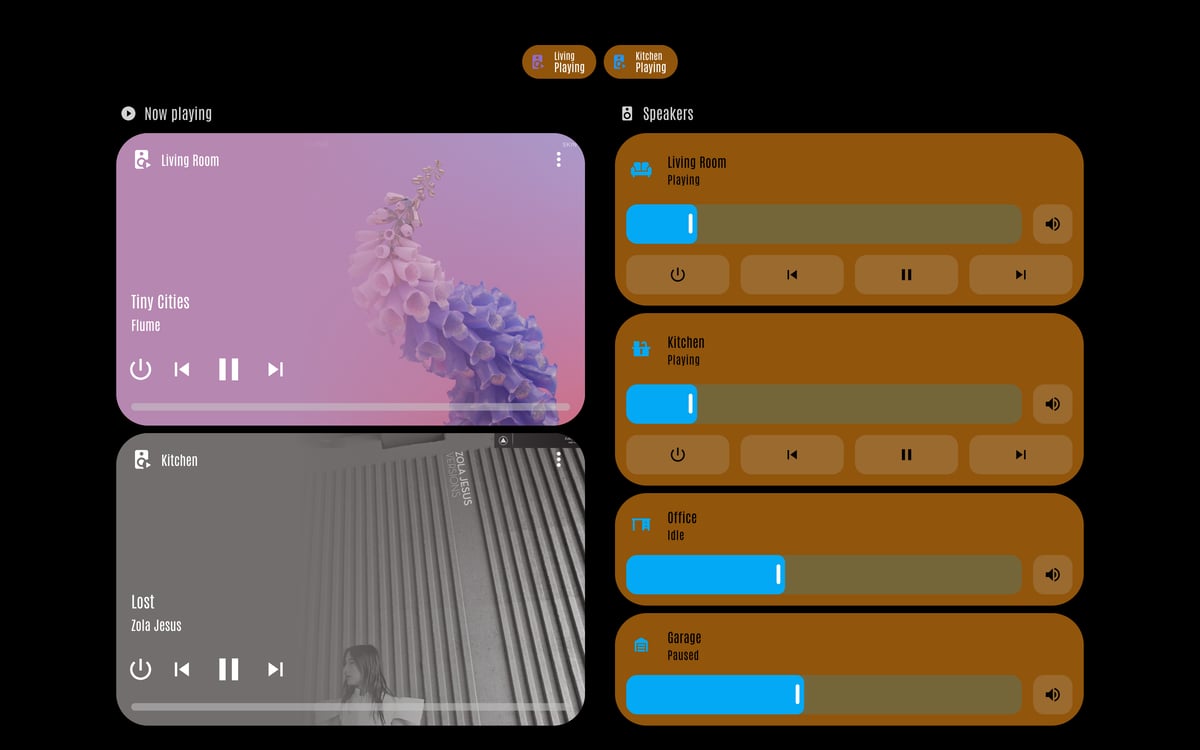 Home Assistant media lab dashboard running the LCARS theme (Lower Decks), on desktop