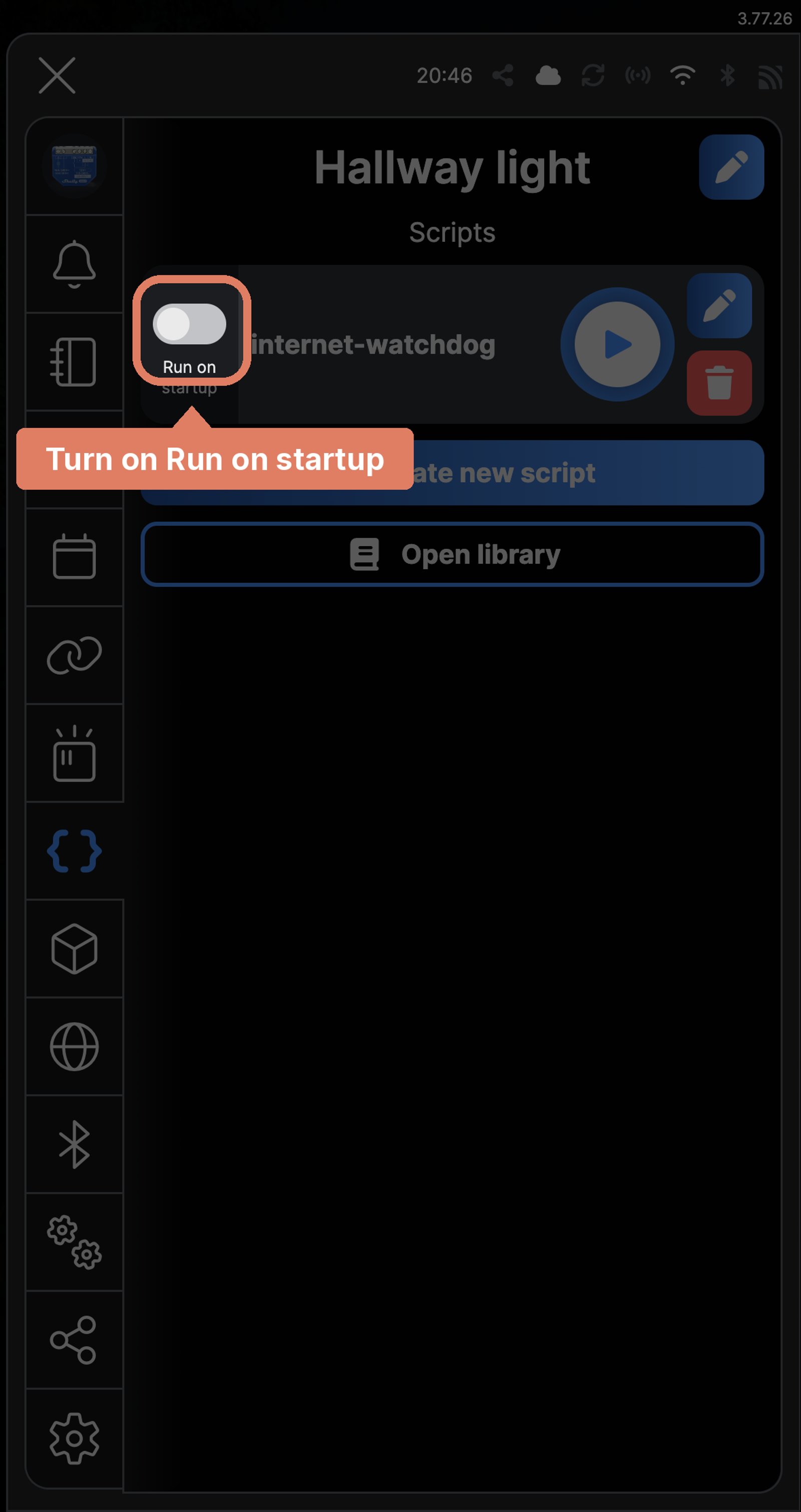 Shelly Smart Control Scripts screen listing internet-watchdog, with the Run on startup toggle marked