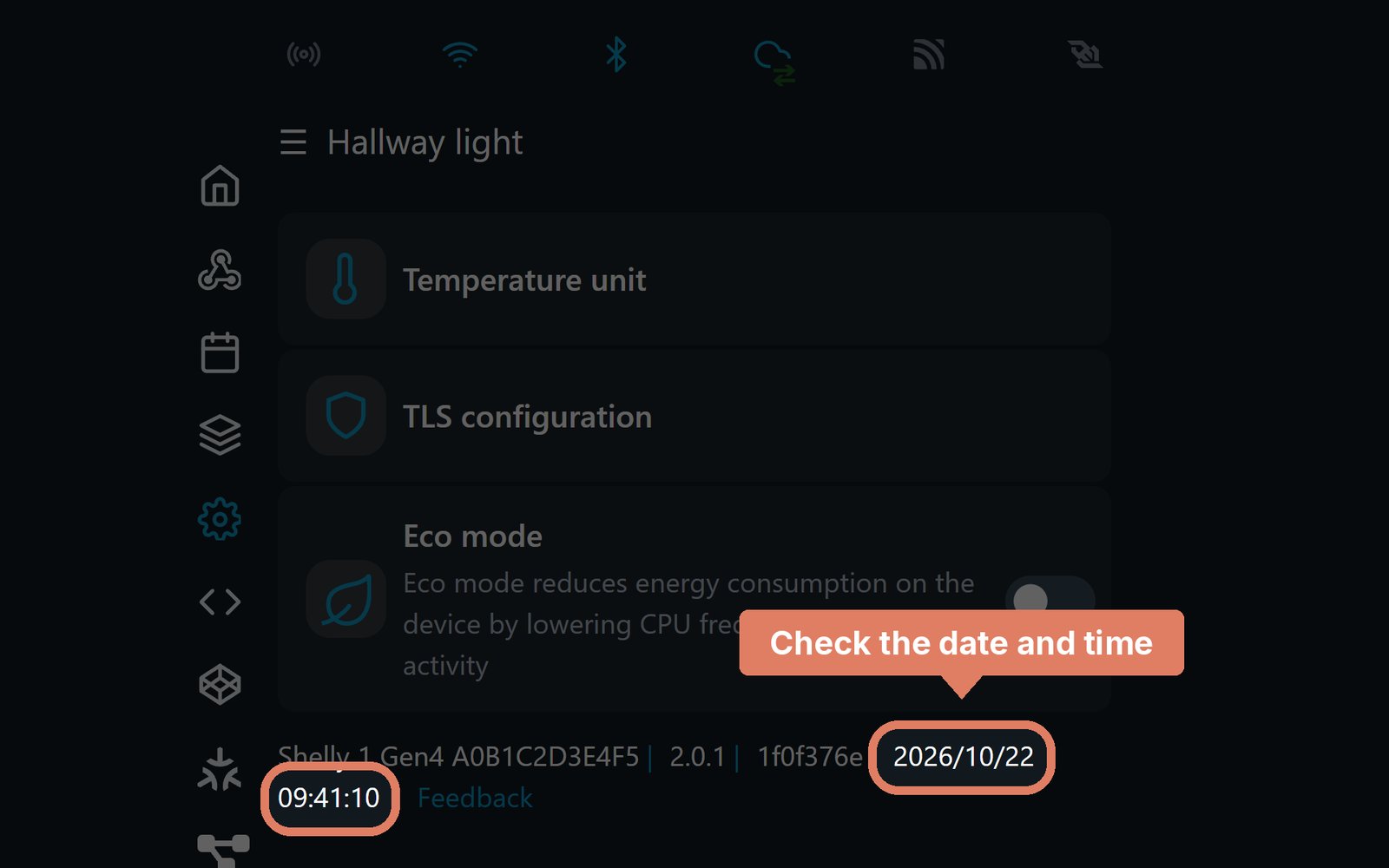The Shelly web page's footer, with the current device time marked