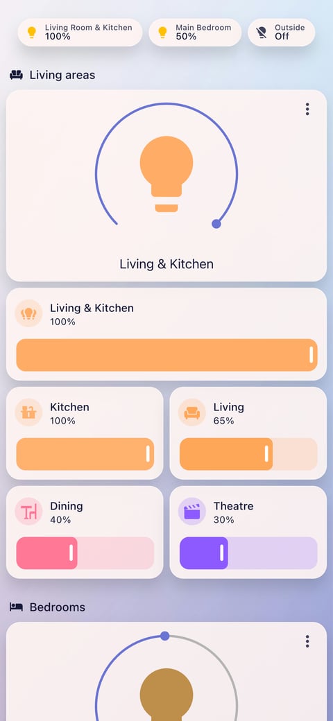 Home Assistant lights lab dashboard running the Frosted Glass theme (Lite light), on a phone