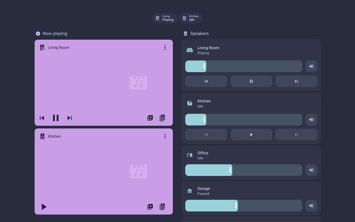 Home Assistant media lab dashboard running the Catppuccin theme (Frappe), on desktop
