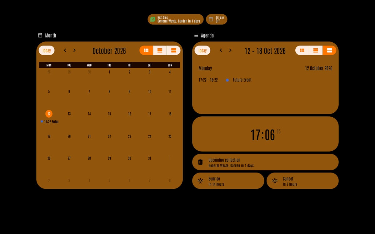 Home Assistant calendar lab dashboard running the LCARS theme (Lower Decks), on desktop