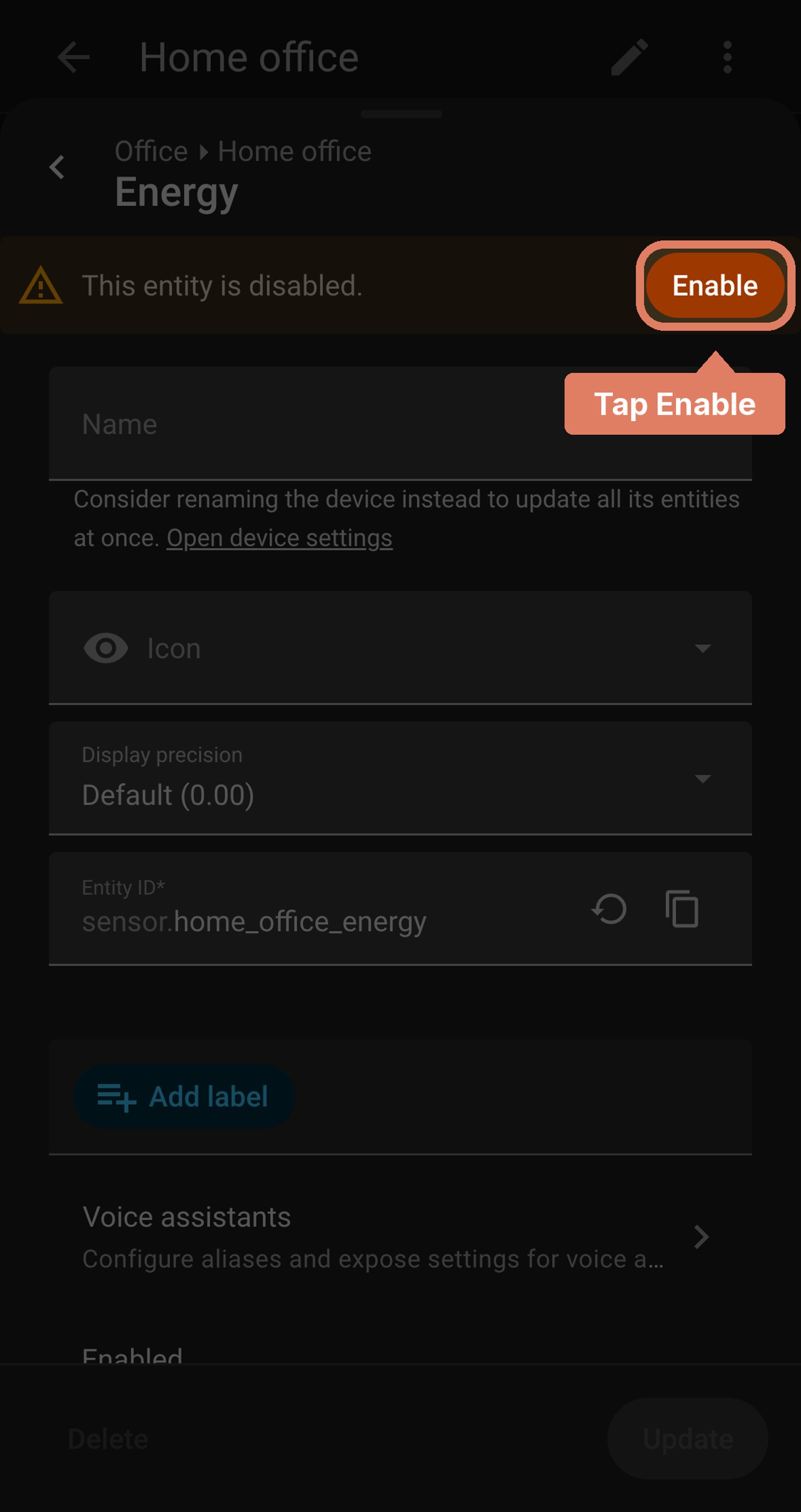 Home Assistant settings for the Home office Energy sensor, showing This entity is disabled, with the Enable button marked Tap Enable.