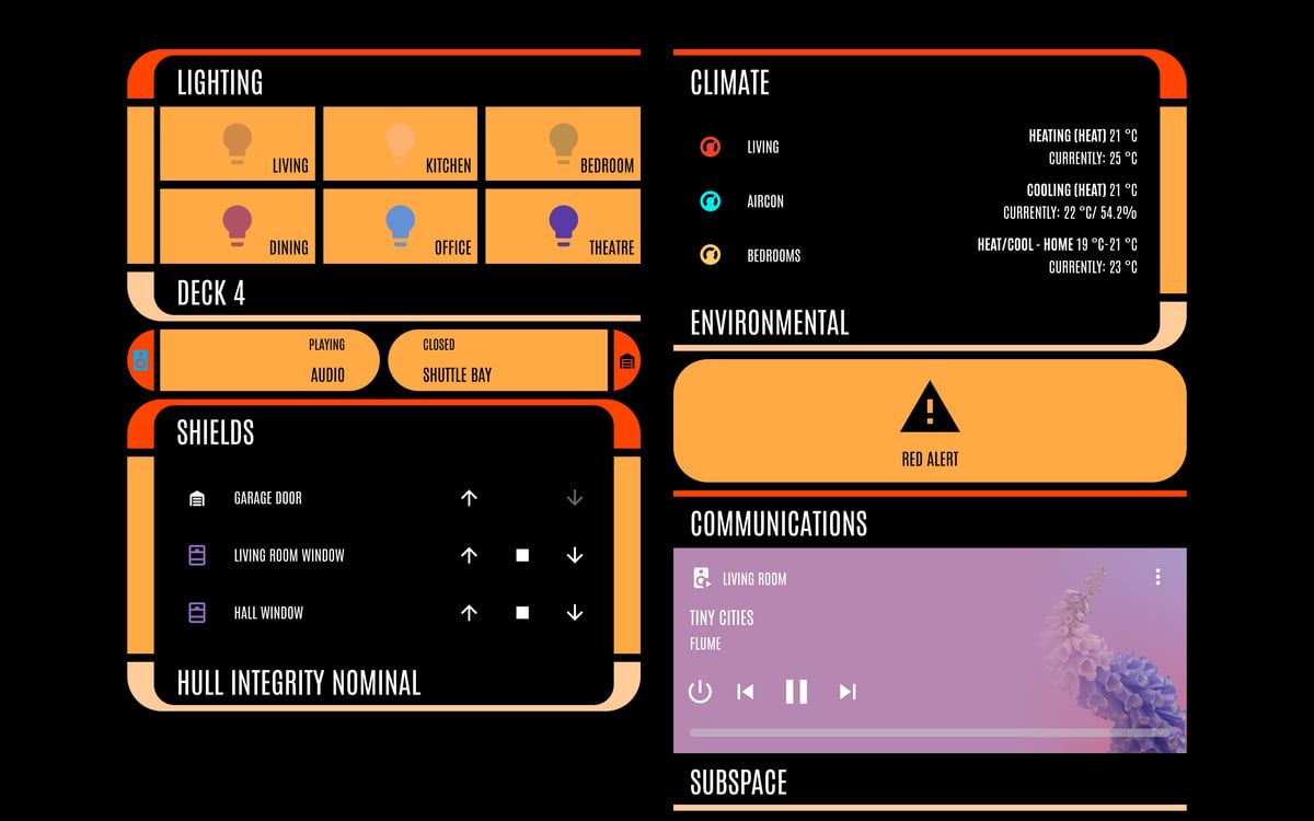 Home Assistant LCARS showcase dashboard running the LCARS theme (Lower Decks), on desktop