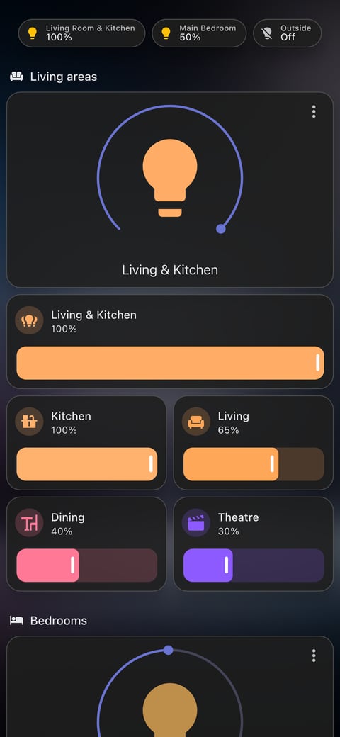 Home Assistant lights lab dashboard running the Frosted Glass theme (Dark), on a phone