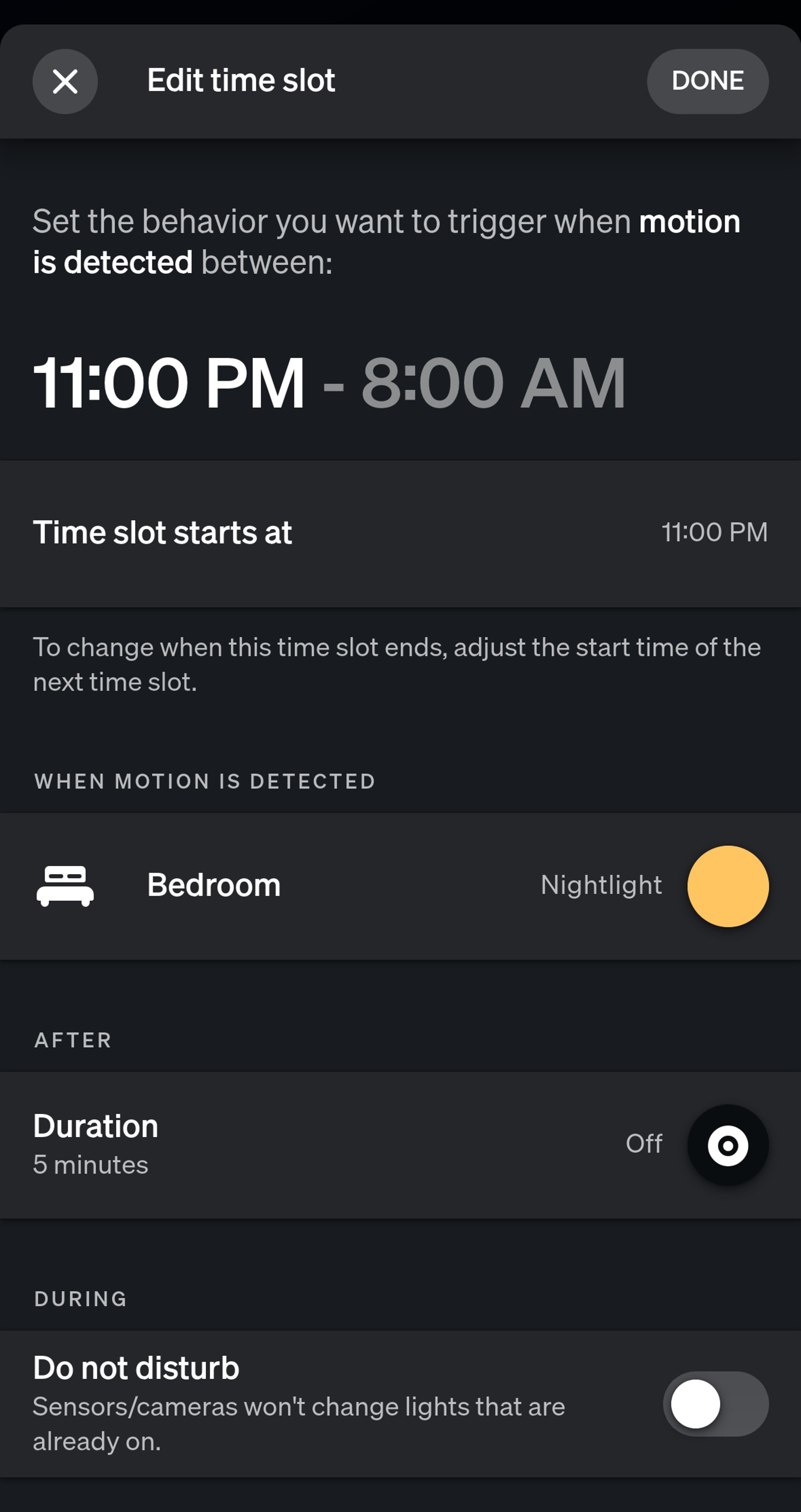 Philips Hue app Edit time slot screen for 11:00 PM to 8:00 AM, turning the Bedroom to the Nightlight scene on motion and off after 5 minutes.