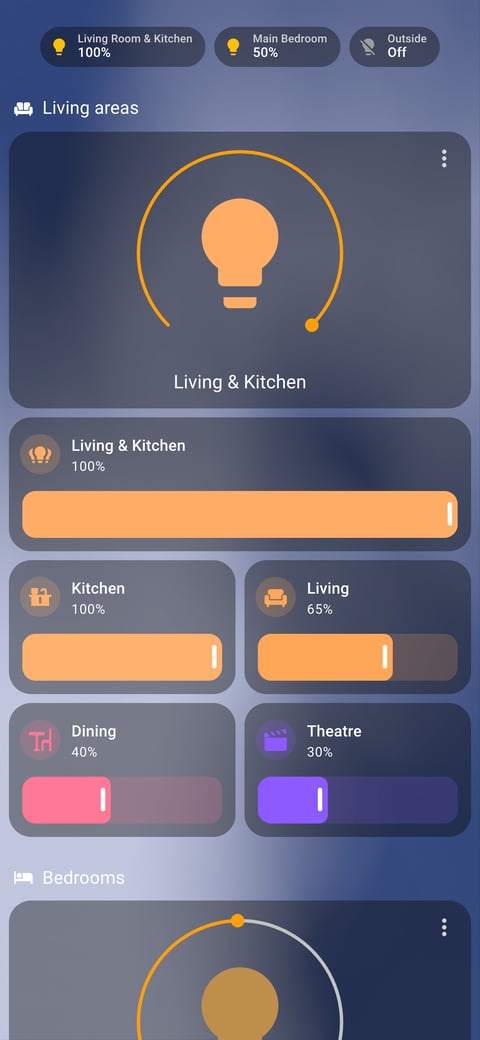 Home Assistant lights lab dashboard running the iOS Themes theme (Dark), on a phone