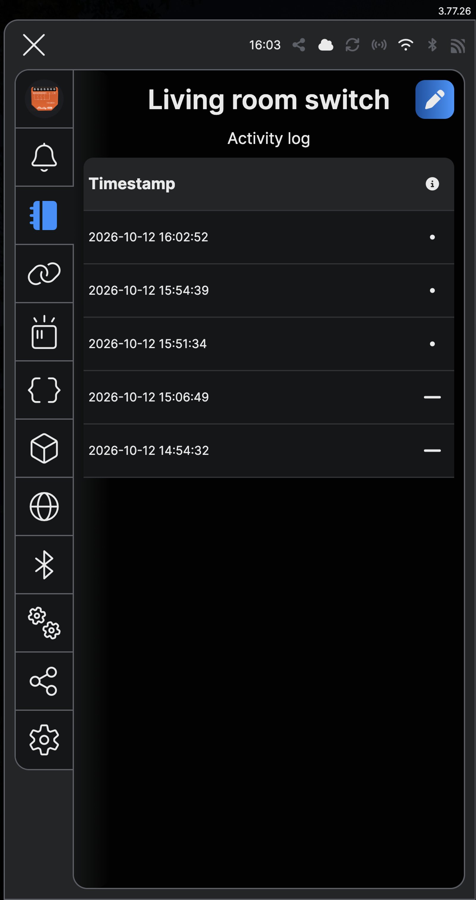 Shelly app activity log for Living room switch, listing each push and long push with its time.