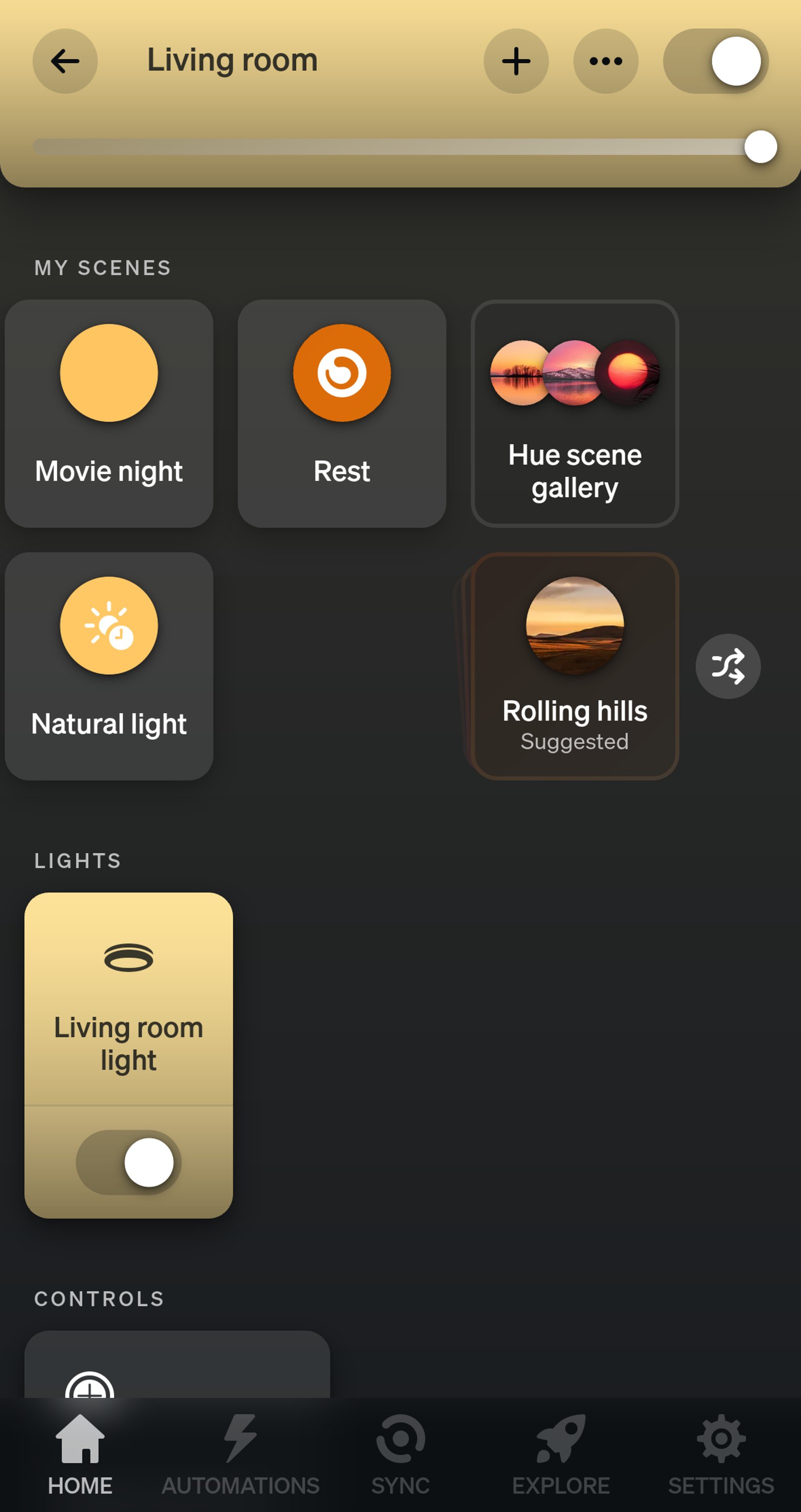 Philips Hue app Living room page with Movie night under My scenes and a light named Living room light.