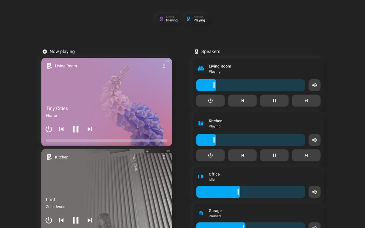 Home Assistant media lab dashboard running the Soft theme (Dark), on desktop