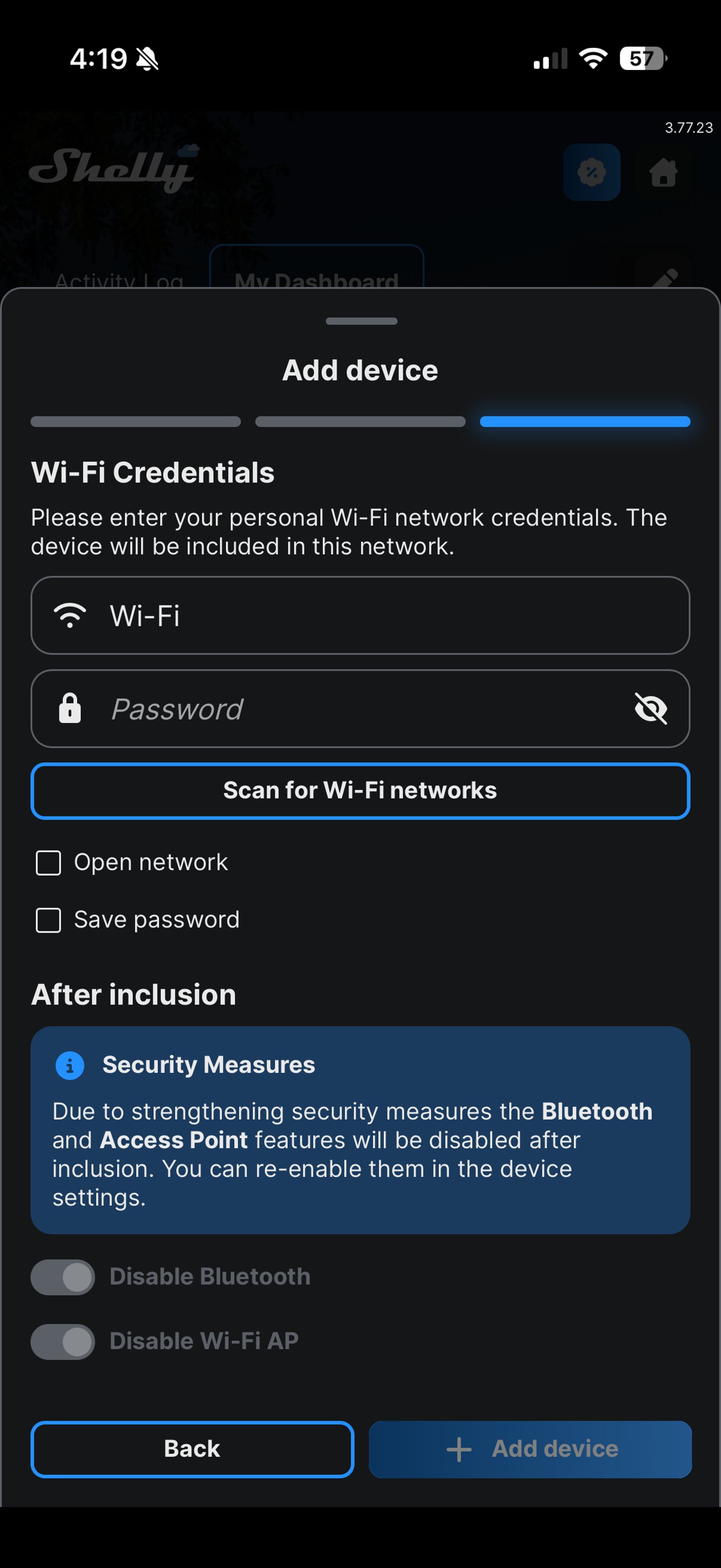Shelly Smart Control Wi-Fi Credentials screen with fields for the network name and password, Scan for Wi-Fi networks, Save password, and a security note that Bluetooth and the access point turn off after inclusion
