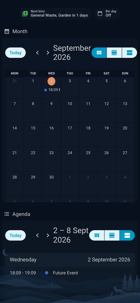 Home Assistant calendar lab dashboard running the Simple Dreams theme (Dark), on a phone