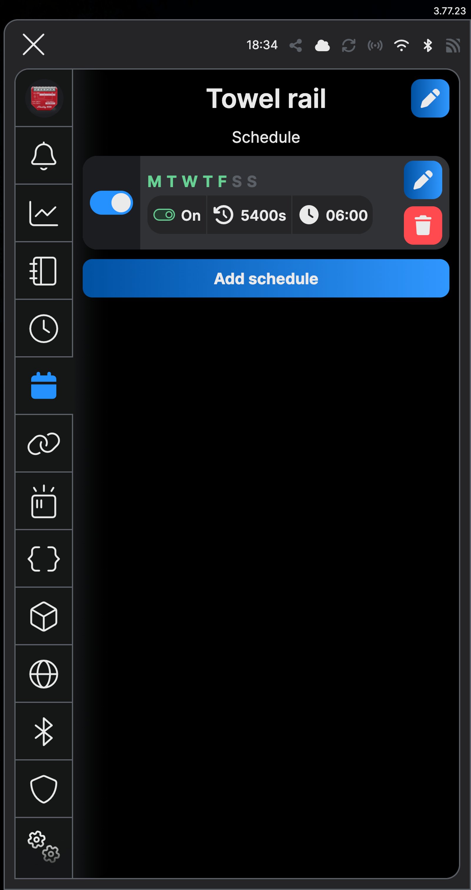 Shelly app schedule list for Towel rail: Monday to Friday, On, 5400 seconds, 06:00.