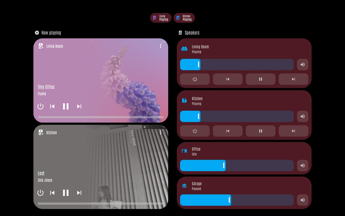 Home Assistant media lab dashboard running the LCARS theme (Cardassia), on desktop