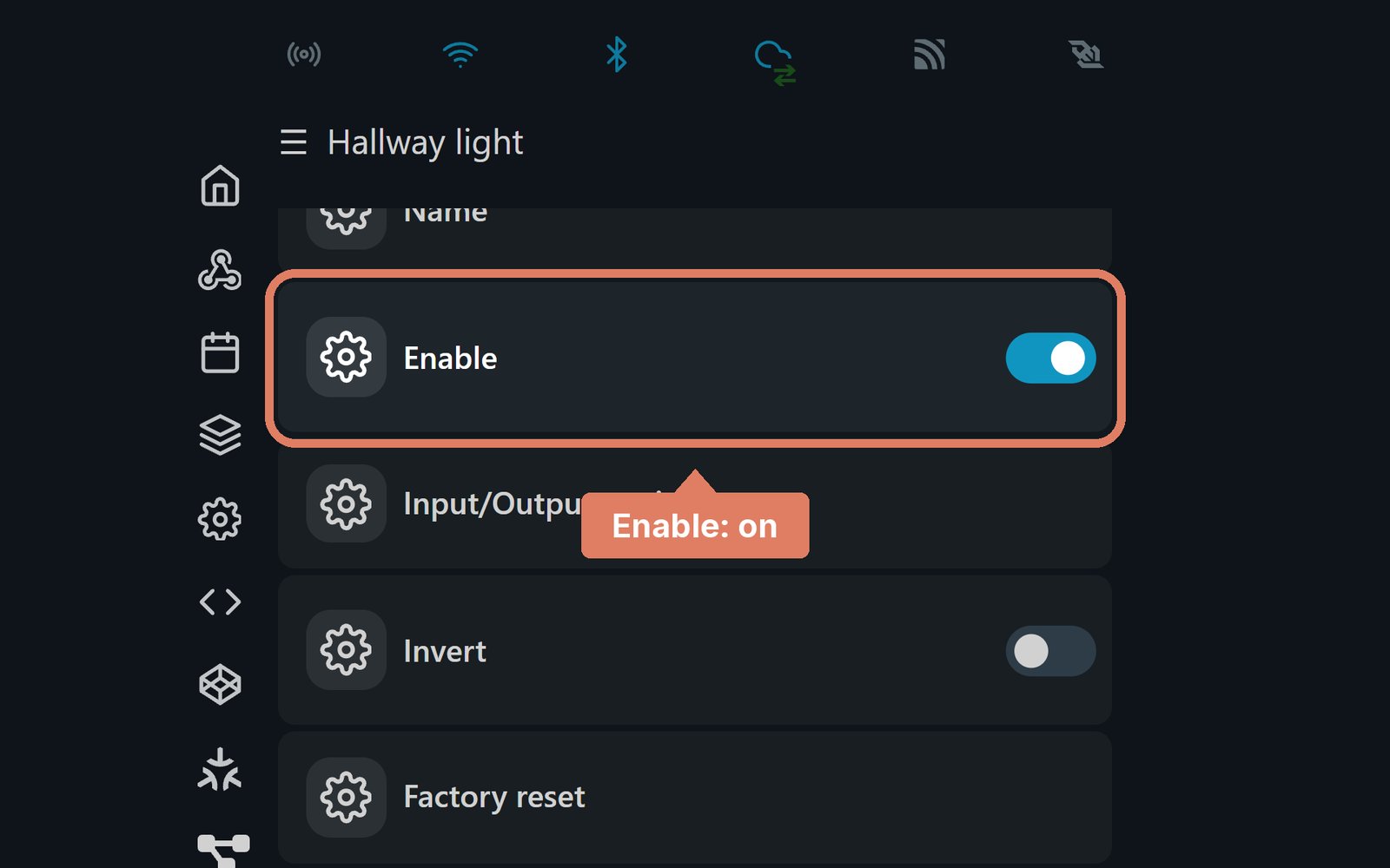 The Shelly web page's input settings, with Enable marked and switched on