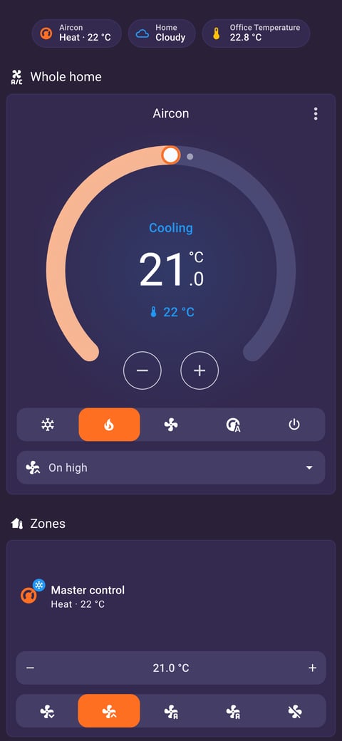 Home Assistant aircon lab dashboard running the Synthwave theme (Dark), on a phone