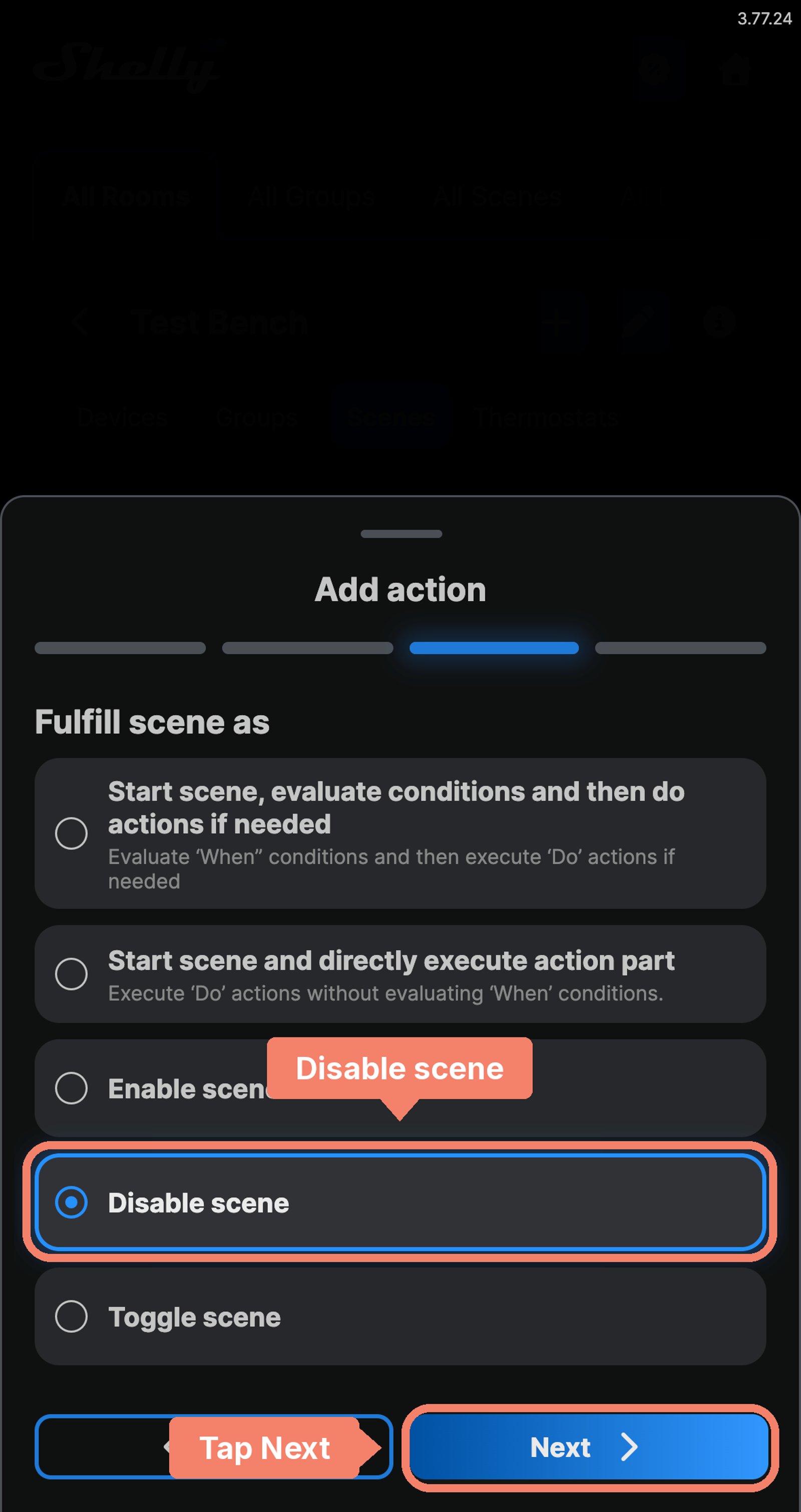 Shelly app scene action options with Disable scene labelled, and Next marked.