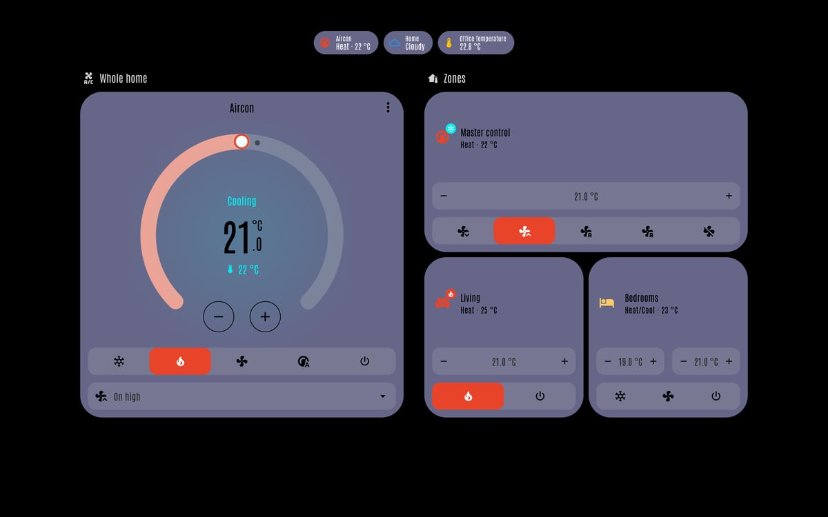 Home Assistant aircon lab dashboard running the LCARS theme (Default), on desktop