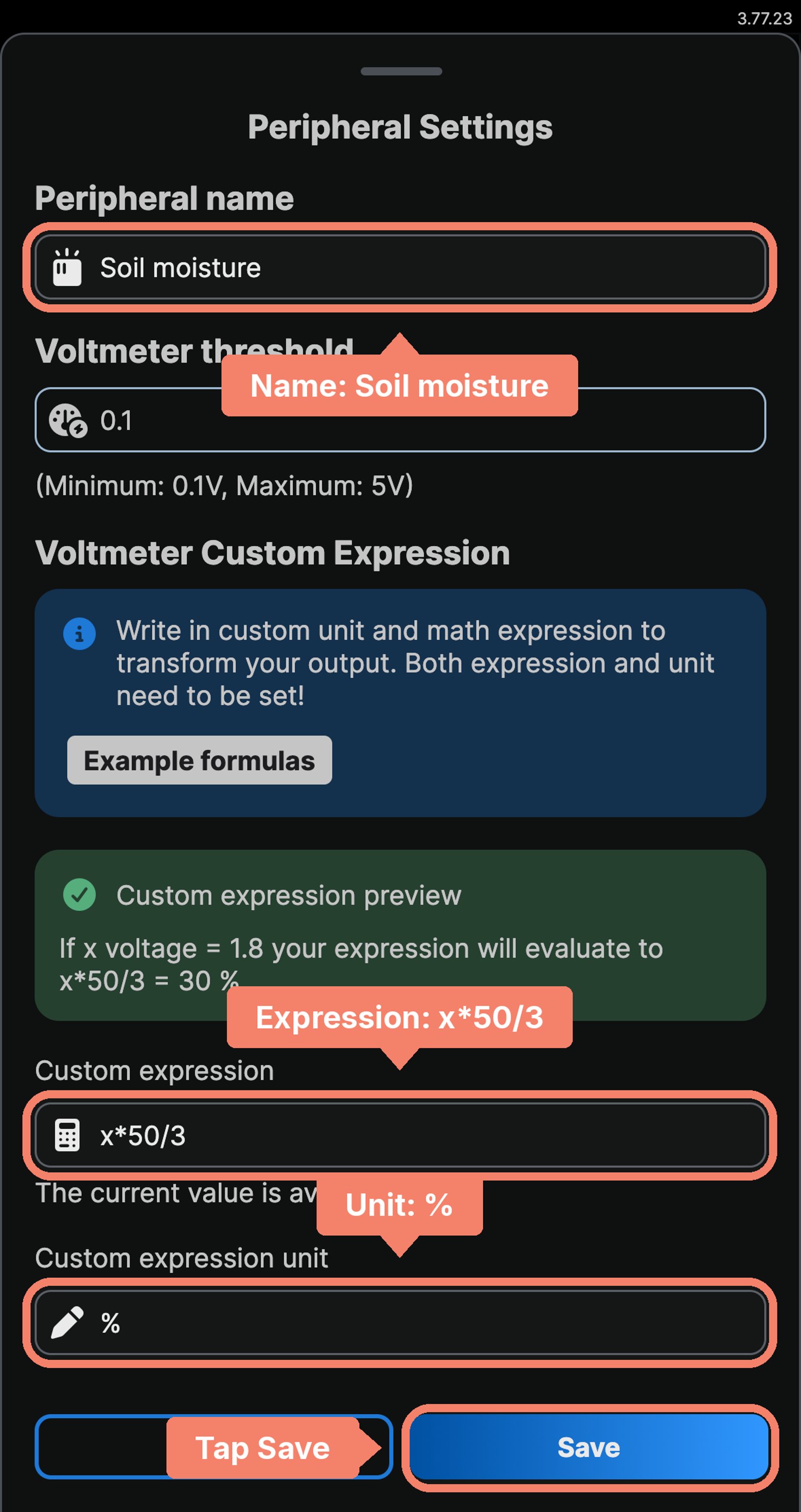 Shelly app Soil moisture peripheral settings with the name, the custom expression x*50/3 and the unit % labelled, and Save marked.