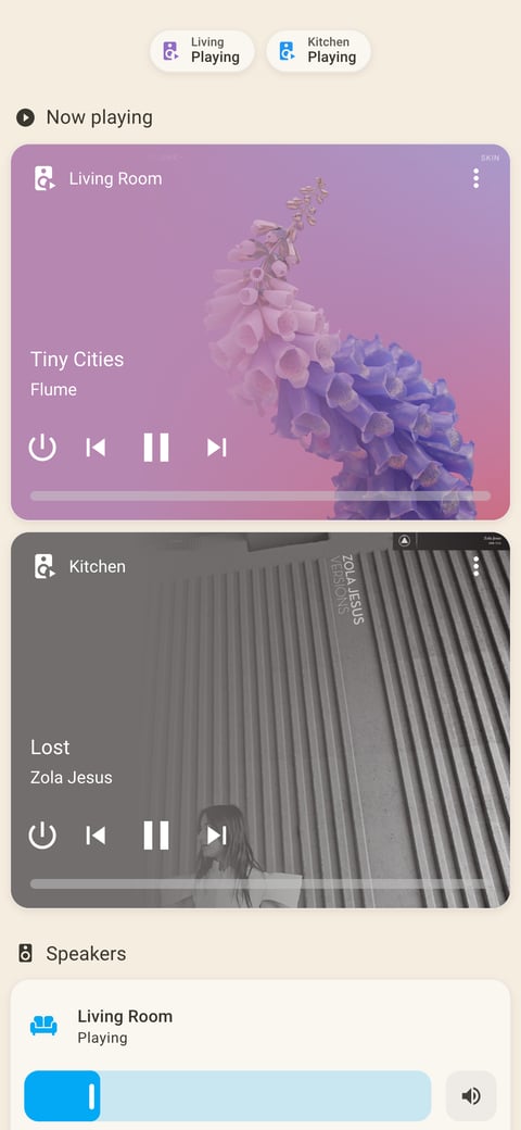 Home Assistant media lab dashboard running the Warm Burnout theme (Light), on a phone