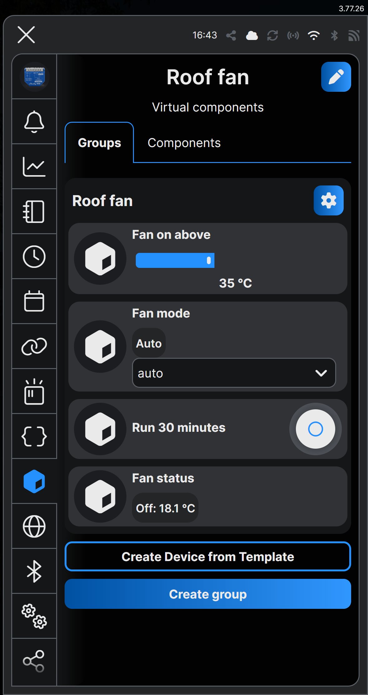 Shelly Smart Control Virtual components screen for the Roof fan device, showing the Roof fan group with its slider, mode dropdown, button and a status of Off: 18.1 °C