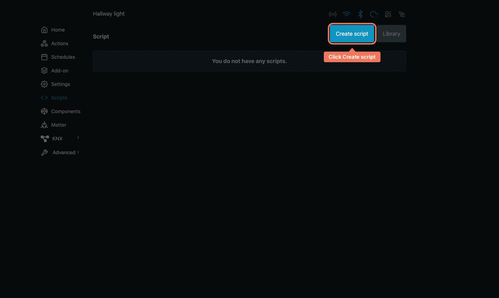 Shelly web interface Scripts page reading You do not have any scripts, with the Create script button marked