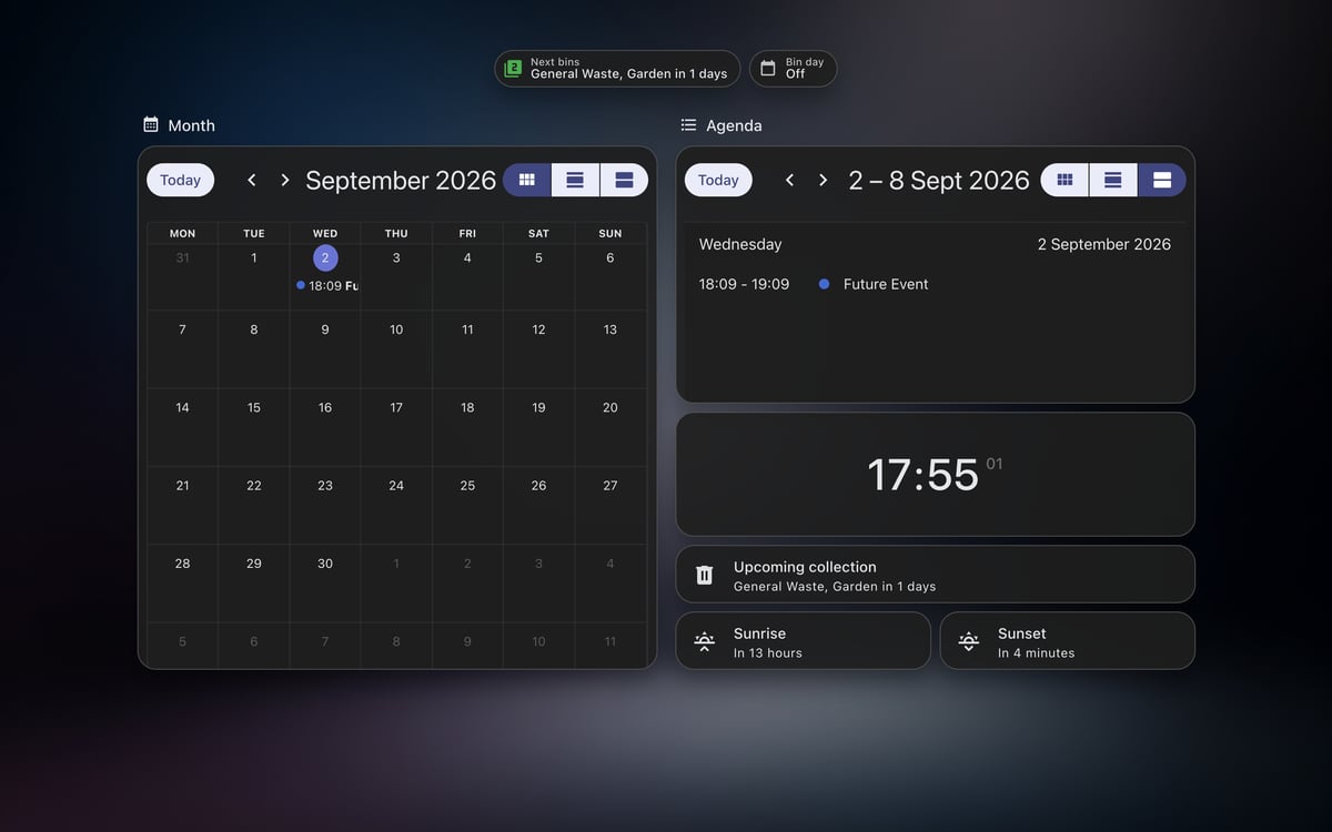 Home Assistant calendar lab dashboard running the Frosted Glass theme (Lite dark), on desktop