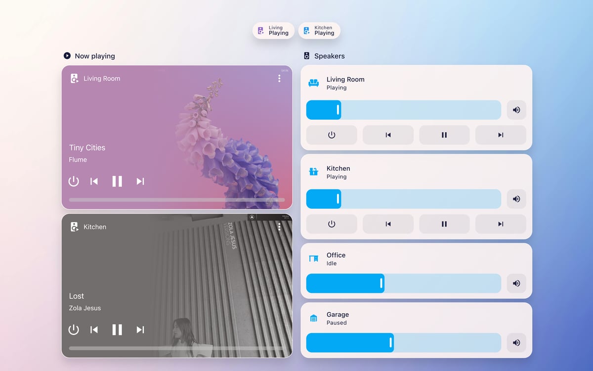 Home Assistant media lab dashboard running the Frosted Glass theme (Lite light), on desktop