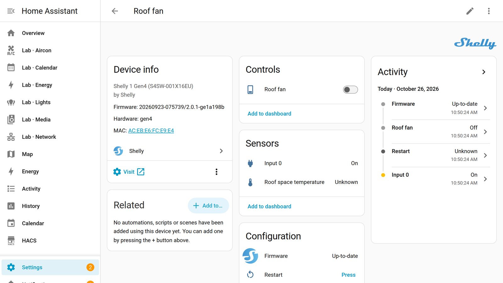 Home Assistant device page for a Shelly 1 Gen4 showing its switch, input and temperature sensors, firmware update and restart entities