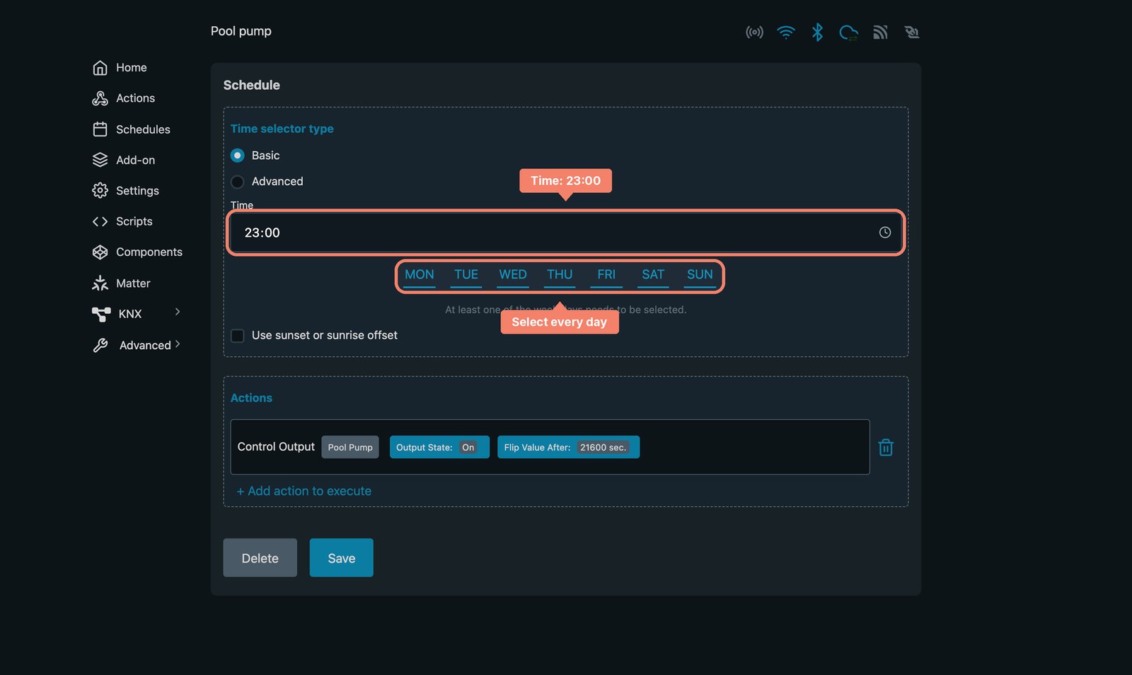 Shelly local web interface schedule for a Shelly 1PM Gen4 named Pool pump, with the time 23:00 and every day labelled.