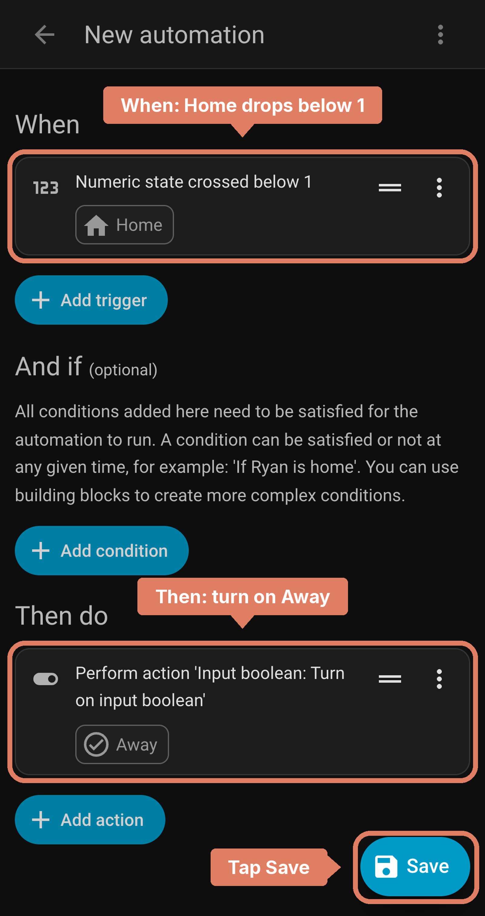 Home Assistant new automation before saving: when the Home zone drops below 1, turn on Away, with the trigger and action labelled and Save marked.